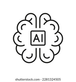 Artificial Intelligence Black Line Icon. AI with Human Brain Linear Pictogram. Digital Technology Symbol on White Background. Editable Stroke. Isolated Vector Illustration.
