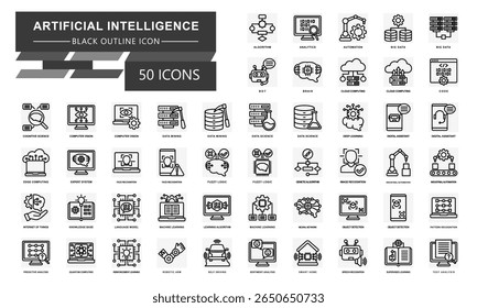 Artificial Intelligence black outline icons set. contain algorithm, analytics, big data, data science, machine learning, brain and more. Vector for modern concept, UI, UX, web and app development.