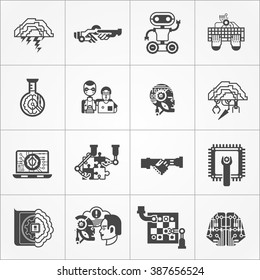 Artificial intelligence black white square icons set with technology symbols flat isolated vector illustration 