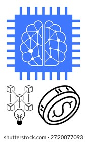 Inteligencia artificial, blockchain, criptomonedas, fintech, innovación digital, economía inteligente. Símbolo del cerebro neuronal en un microchip con cubos de blockchain y una moneda. Inteligencia artificial