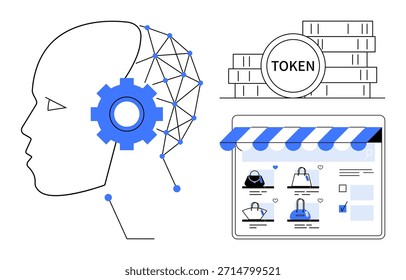 Inteligência artificial, blockchain, tokens digitais, comércio eletrônico, inovação, tecnologias futuras. Um perfil humano com elementos de IA, tokens blockchain e uma interface de compras on-line. IA