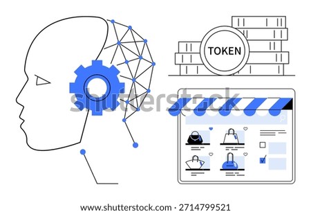 Artificial intelligence, blockchain, digital tokens, ecommerce, innovation, future technologies. A human profile with AI elements, blockchain tokens and an online shopping interface. AI