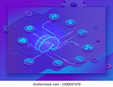 Artificial intelligence in blockchain, isometric 3d brain, landing page with server and digital money icons, future technolodgy and virtual cryptocurrency payment concept, vector illustration