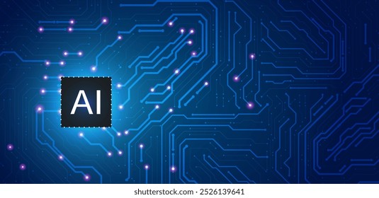 Artificial intelligence blue background technology. Logo machine learning concept with circuit board AI. Vector editable