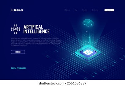 Artificial Intelligence blue background, vector banner, Isometric AI chip background. Deep Learning, Machine Learning, and Technological Digital Brain Ai Concepts, ai icon.
