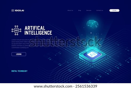 Artificial Intelligence blue background, vector banner, Isometric AI chip background. Deep Learning, Machine Learning, and Technological Digital Brain Ai Concepts, ai icon.