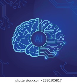 inteligencia artificial, cibercerebro azul con luz, concepto ai, icono científico, ilustración vectorial, azul oscuro aislado en fondo blanco