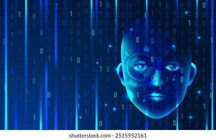 Inteligencia artificial azul futurista Anuncio de neón. Código binario. Vector ilustración de stock.