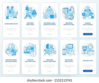 Künstliche Intelligenz blauer Onboarding Mobile App-Bildschirm-Set. Vorteile beim Durchblättern von 5 Schritten grafische Anleitungen Seiten mit linearen Konzepten. UI, UX, GUI-Vorlage. Myriad Pro-kühne, Standardschriftarten verwendet