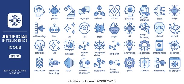 Artificial Intelligence blue outline icons set. AI icons includes machine learning, AI Assistant, Virtual Intelligence, Automation Technology, AI technology, future, robots.