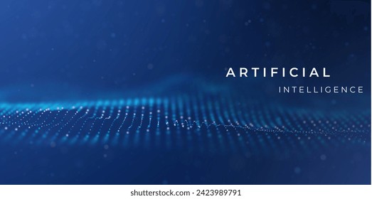 Artificial intelligence blue particle background. Flow wave with dot landscape. Digital data structure. Pattern point visualization. Technology vector illustration.