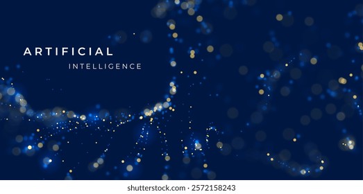 Artificial intelligence blue particle background. Flow wave with dot landscape. Digital data structure. Pattern point visualization. Technology vector illustration.