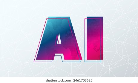 Artificial intelligence. Blue pink gradient AI symbol with world map contour. Deep learning. Smart digital technology. Vector illustration for science, presentation, concept design, business