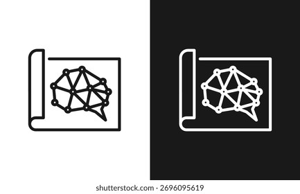 Künstliche Intelligenz Blueprint Line Art Icon, Neural Network Brain Diagram on a Plan, Minimalist Vector Graphic for AI Development, Machine Learning Architecture, and Technology Project Planning.