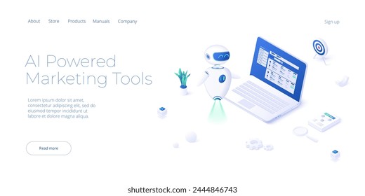 Artificial intelligence bot for data analysis. Business concept in isometric vector design. Modern illustration of chatbot using AI technology for marketing strategy