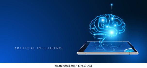 Artificial Intelligence, Brain Abstract Vector Background. Mobile Smart Phone And Ai Futuristic Technology Concept Illustration. Big Data And Neural Network