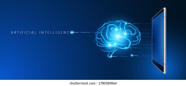 Artificial intelligence, brain abstract vector background, banner. Mobile smart phone with artificial mind technology. Virtual neural network concept. Collecting and analysing data and knowledge in co