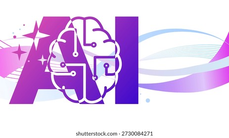  Anuncio cerebral de inteligencia artificial con texto ai, ondas púrpuras y espacio de copia, Ilustración vectorial de tecnología de red neuronal.