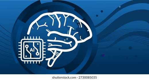 Anuncio cerebral de inteligencia artificial con chip de IA y espacio de copia, Ilustración vectorial de tecnología de red neuronal. Fondo azul