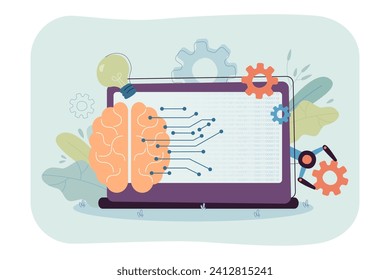 Artificial intelligence brain and binary code on tablet. Vector illustration. Gear wheels, lightbulb. Artificial intelligence in data sorting and analysis concept