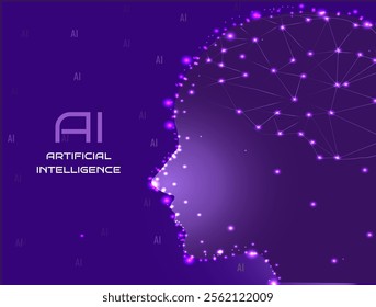 Artificial intelligence, brain cells, neural connections, future, human head in purple tones, shades of purple, technology, new technologies, constellations, silhouette