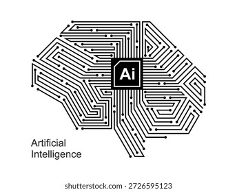 Künstliche Intelligenz. Gehirnschaltkreis Ai tech. Leiterplattengehirn für moderne Technik. Flacher Stil