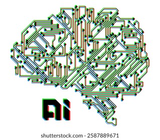 Artificial intelligence brain or circuit board in brain shape. Circuit board in the shape of human brain. Abstract illustration of a scientific technology. Graphic concept technological brains (AI).