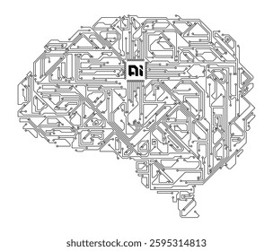 Artificial intelligence brain or circuit board in brain shape. Circuit board in the shape of human brain. Abstract illustration of a scientific technology. Graphic concept technological brains (AI).