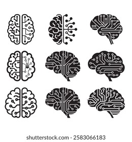 Artificial Intelligence Brain Circuit Icons – Tech Innovation, Digital Mind, Neural Processing, Robotics