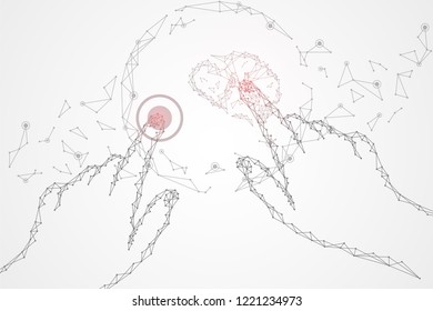 Artificial intelligence brain computer interface with hand, connecting lines and dots.  Neurotechnologies and Ai technology concept background.