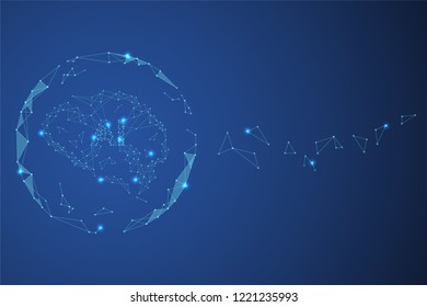 Artificial intelligence brain computer interface with connecting lines and dots.  Neurotechnologies and Ai technology concept background. Polygonal space vector illustration in dark blue color.