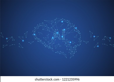 Artificial intelligence brain computer interface with connecting lines and dots.  Neurotechnologies and Ai technology concept background. Polygonal space vector illustration in dark blue color.