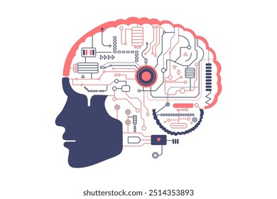 Artificial intelligence brain. Concept of Artificial Intelligence AI and Machine learning. Electronic digital brain, circuit board and human brain outline in flat style.