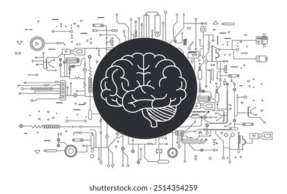 Inteligência artificial do cérebro. Conceito de inteligência artificial IA e Big Data. Cérebro digital eletrônico, placa de circuito e contorno do cérebro humano em estilo plano.