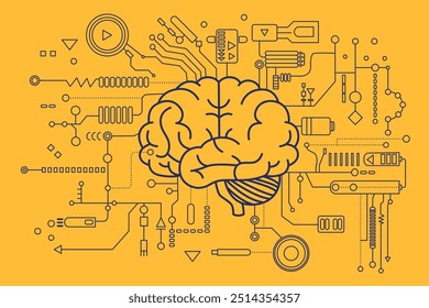 Artificial intelligence brain. Concept of Artificial Intelligence AI and Machine learning. Electronic digital brain, circuit board and human brain outline in flat style.