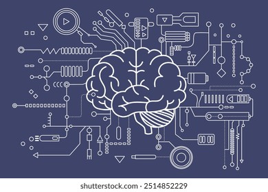 Inteligência artificial do cérebro. Conceito de inteligência artificial IA e aprendizagem de máquina. Cérebro digital eletrônico, placa de circuito e contorno do cérebro humano em estilo plano.