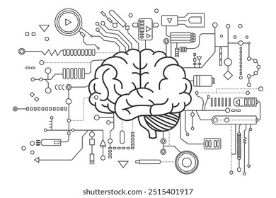 Artificial intelligence brain. Concept of Artificial Intelligence AI and Machine learning. Electronic digital brain, circuit board and human brain outline in flat style.