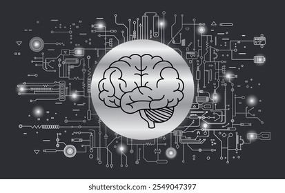 Artificial intelligence brain. Concept of Artificial Intelligence AI and Big Data. Electronic digital brain, circuit board and human brain outline in flat style.	