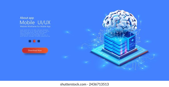 Artificial Intelligence Brain Concept on a Circuit Board. Deep learning machine learning AI.  A striking 3D illustration showcasing an AI brain interfaced with advanced computer technology. Vector