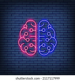 Artificial intelligence brain, connected to circuit board, digital thinking neon sign.