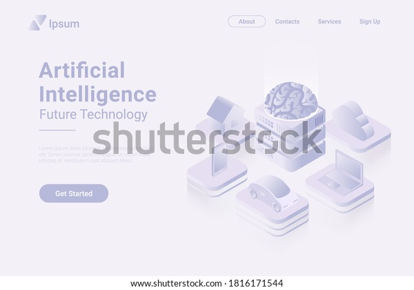 Artificial intelligence Brain\
controls devices Isometric Flat vector concept.\
Smartphone Cloud\
Computer Laptop Car House connected to Artificial brain\
server.