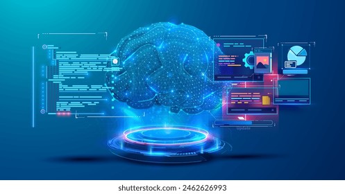 Artificial Intelligence Brain with Data Visualization and Interface Elements. Glowing neon design showcases advanced technology, coding, and data visualization, making it perfect for AI.