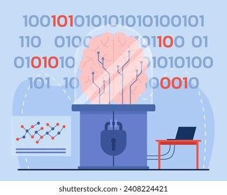 Artificial intelligence brain in glass box with shield with padlock. Vector illustration. Binary code on background. Regulation and control of AI concept