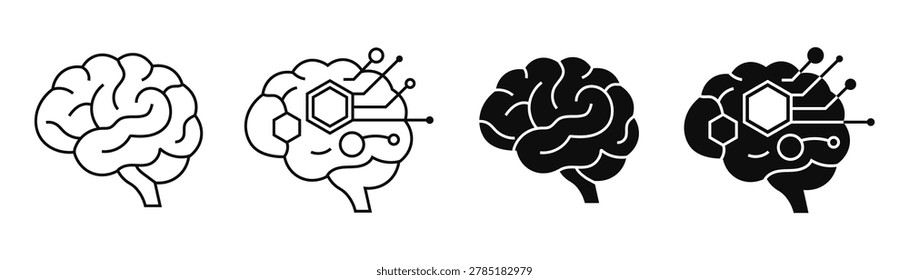 Artificial intelligence brain icon collection displays human head anatomy featuring digital circuit pathways node connections neural network design innovative research machine learning concepts graphic symbols showing advanced science tech progress isolated style.