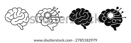 Artificial intelligence brain icon collection displays human head anatomy featuring digital circuit pathways node connections neural network design innovative research machine learning concepts graphic symbols showing advanced science tech progress isolated style.