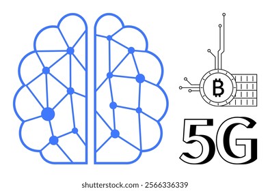 Artificial intelligence brain illustration with a network pattern on the left and a blockchain with Bitcoin symbol and 5G text on the right. Ideal for AI technology digitalization connectivity