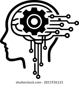 Artificial intelligence brain line icon with gear and electronic circuit connections representing machine learning, automation, neural computing, and digital intelligence. Ideal for AI, robotics, and future technology designs.