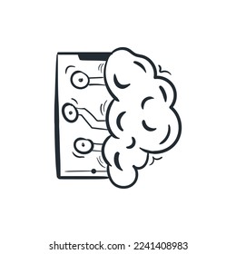 Artificial intelligence brain robot icon doodle drawing. Chip instalation in a brain vector cartoon illustration