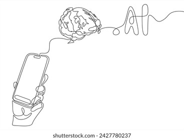 Artificial intelligence brain.Creative artificial Intelligence concept with human brain and hand with phone on background.	