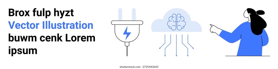 Inteligencia artificial, poder cerebral, redes neuronales, innovación, tecnología, interacción humana. Una persona apunta a un cerebro digital con circuitos y un icono de bombilla con energía. IA y capacidad intelectual